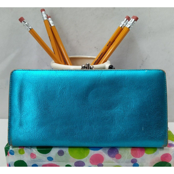 Nordstrom Teal Blue Patent Leather Kisslock Framed Credit Card Bifold Wallet - Picture 1 of 16